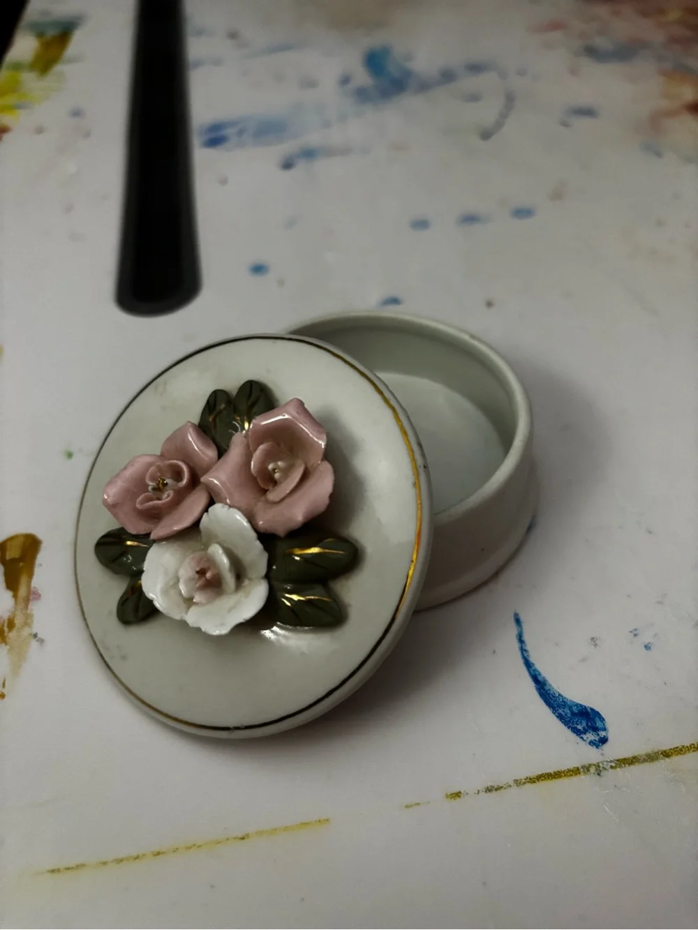 Porcelain Floral Trinket container - White with Pink Flowers 1 inch deep